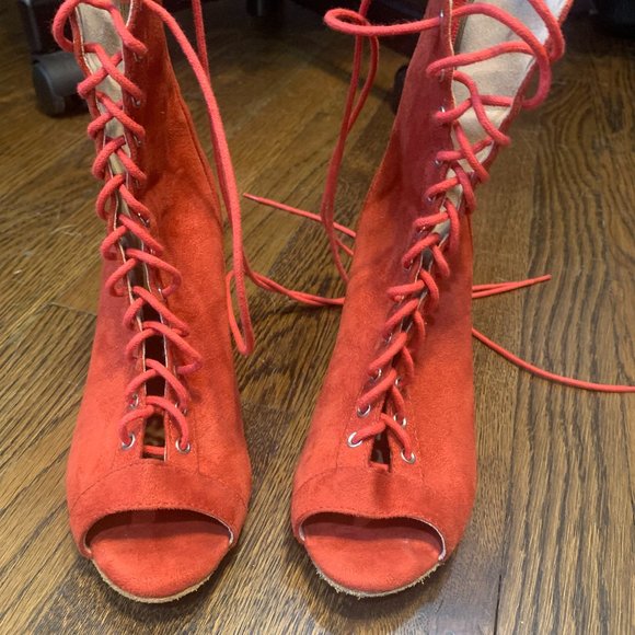 Latin Ballroom Dance Flared Heels size 7 Red Lace up Ankle Boot Burju Sh… - Picture 1 of 9